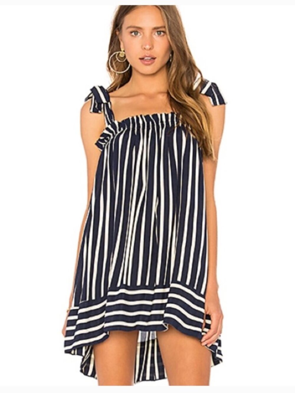 Faithfull the Brand Navy Cream Striped Smocked Mini Dress xs 2